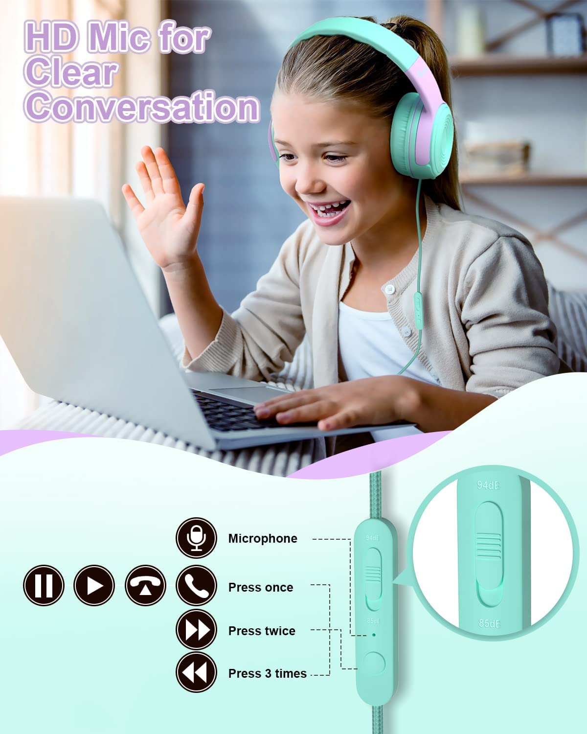 Elecder S8 Wired Headphones for Kids with Microphone 85dB/94dB Volume Limited